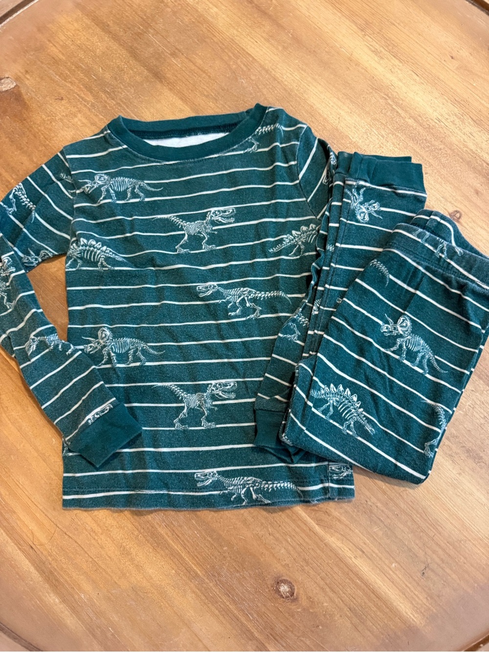 Kids Dark Green Striped Dino Skeleton Pajama Set